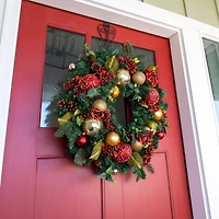 Village Lighting 30" Pre-Lit Scarlet Hydrangea Christmas Wreath, Clear LED Lights