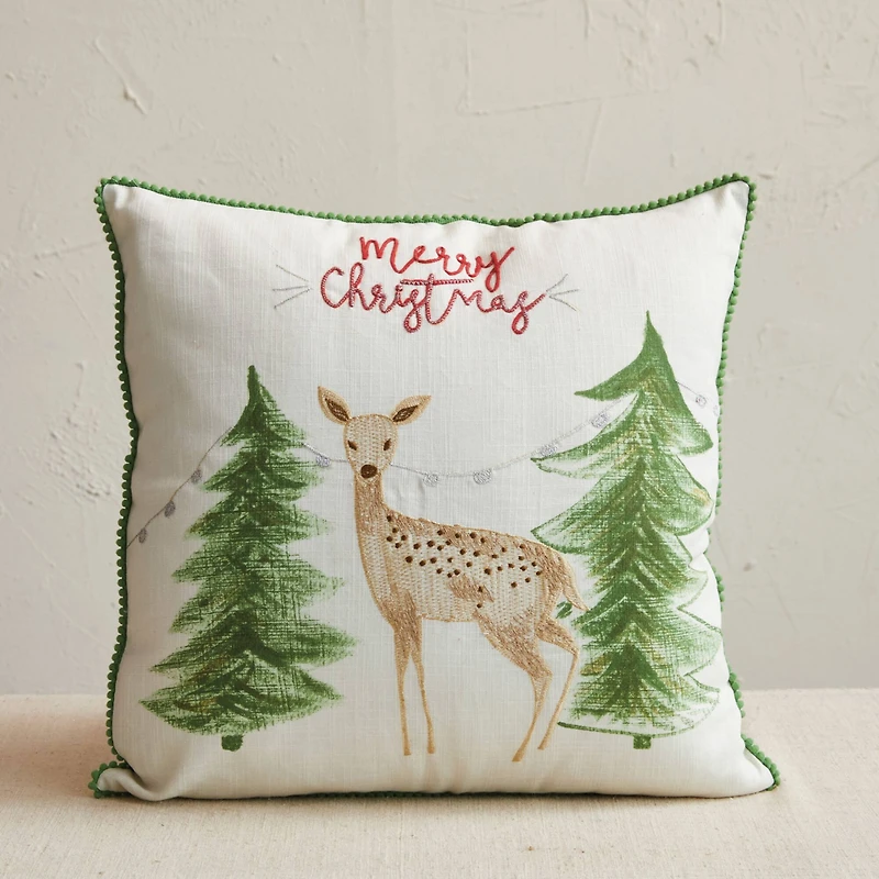 Hello Honey® 18" Embroidered Merry Christmas Deer Cotton Slub Throw Pillow with Pom Pom Trim