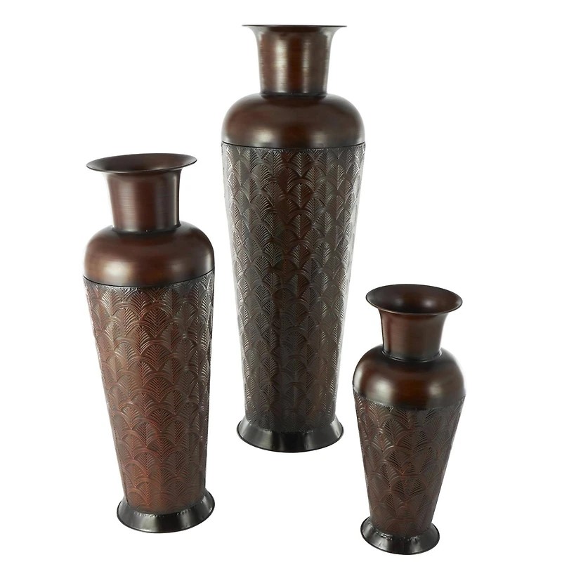 Dark Brown Metal Tall Vase Set with Geometric Designs
