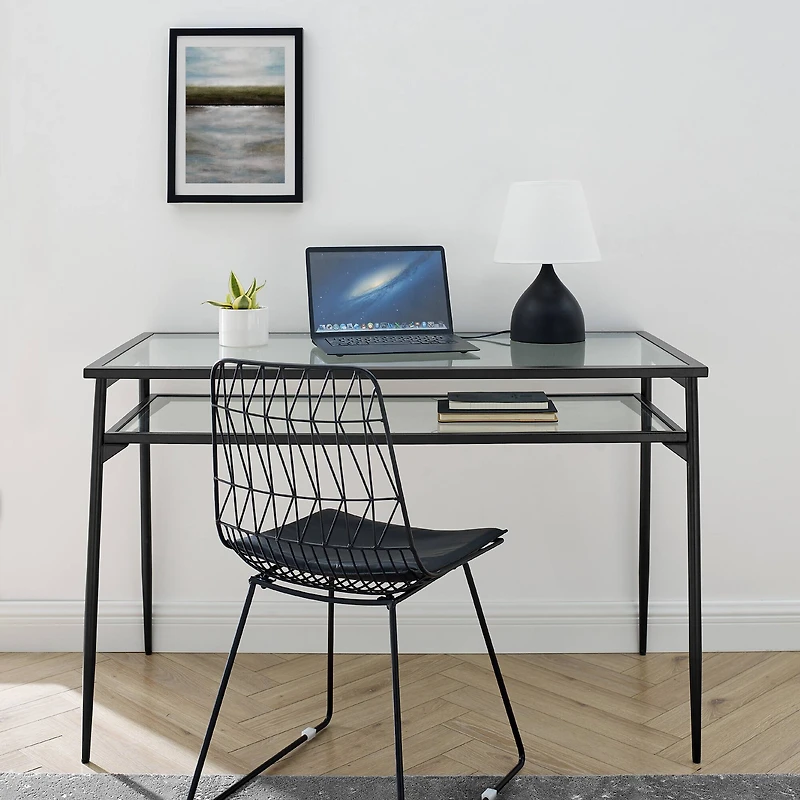 Walker Edison 48" Black Two Tier Glass & Metal Desk