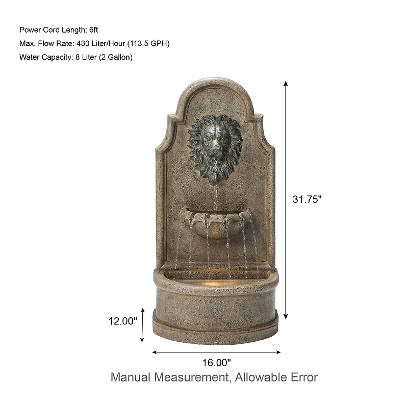 Glitzhome® 31" 3-Tier LED Faux Granite Lion Head Fountain