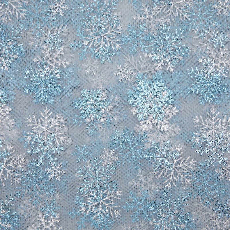 Wyla White Mesh with Blue Snowflakes Polyester Fabric