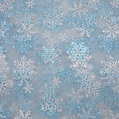 Wyla White Mesh with Blue Snowflakes Polyester Fabric