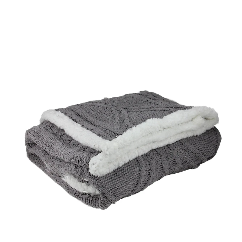 Gray & White Cable Knit Throw Blanket with Sherpa Backing
