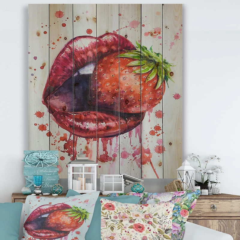 Designart - Red Woman Lips Eating A Strawberry