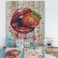Designart - Red Woman Lips Eating A Strawberry