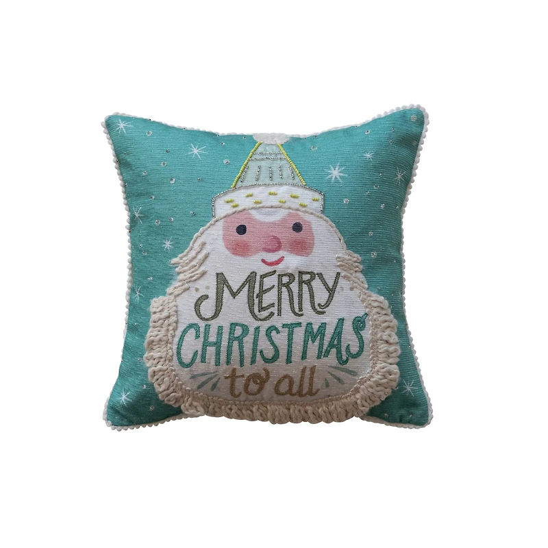 Hello Honey® 12" x 12" Square Merry Christmas to All Cotton Blend Printed Pillow with Embroidered Santa, Fringe & Pom Pom Trim