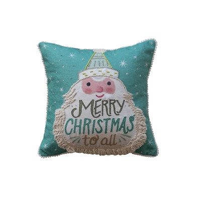 Hello Honey® 12" x 12" Square Merry Christmas to All Cotton Blend Printed Pillow with Embroidered Santa, Fringe & Pom Pom Trim