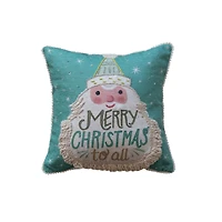 Hello Honey® 12" x 12" Square Merry Christmas to All Cotton Blend Printed Pillow with Embroidered Santa, Fringe & Pom Pom Trim