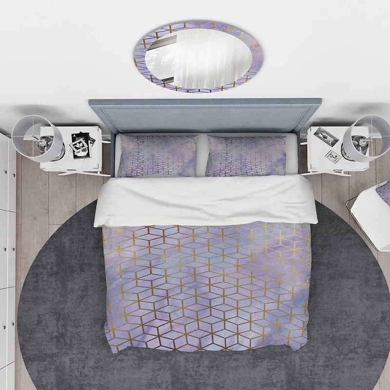 Designart 'Geometric Cubes in Gold and Purple' Modern & Contemporary Bedding Set