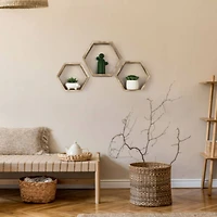 Rustic Brown Floating Hexagonal Shelf Set