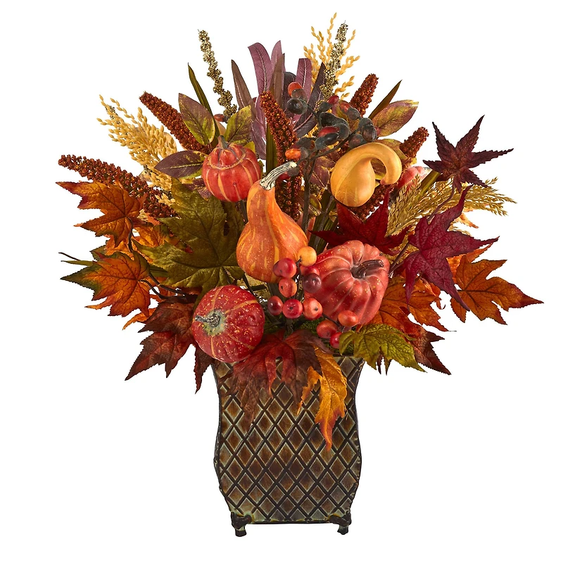21in. Pumpkin, Maple Leaf, Sorghum Harvest Arrangement in Metal Planter