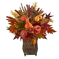 21in. Pumpkin, Maple Leaf, Sorghum Harvest Arrangement in Metal Planter