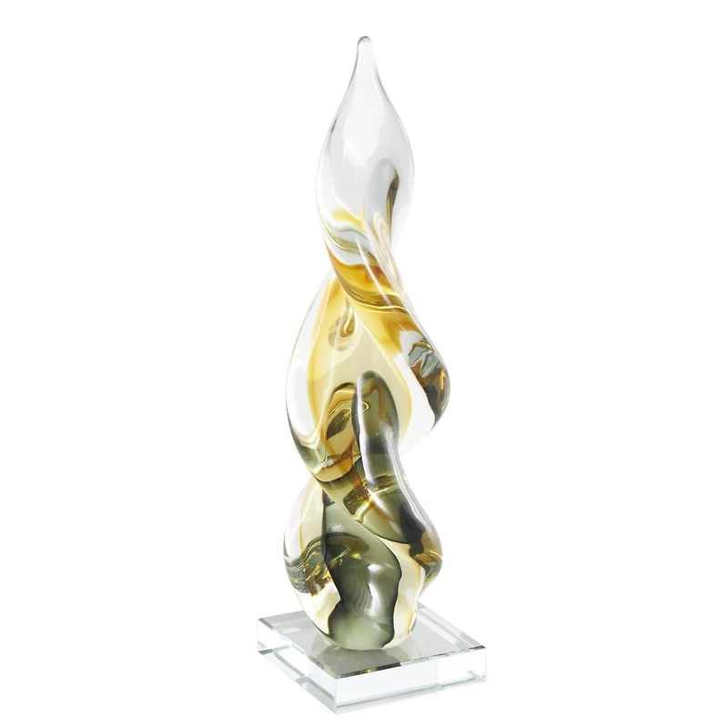 12" Clear, Yellow & Green Abstract Glass Sculpture