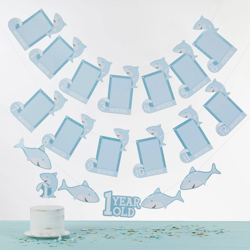 Kate Aspen® Shark Party 1st Birthday Milestone Photo Banner & Cake Topper Set