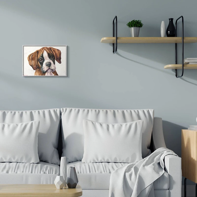 Stupell Industries Puppy Eyes Boxer Dog Pet Portrait Brown White in Gray Frame Wall Art
