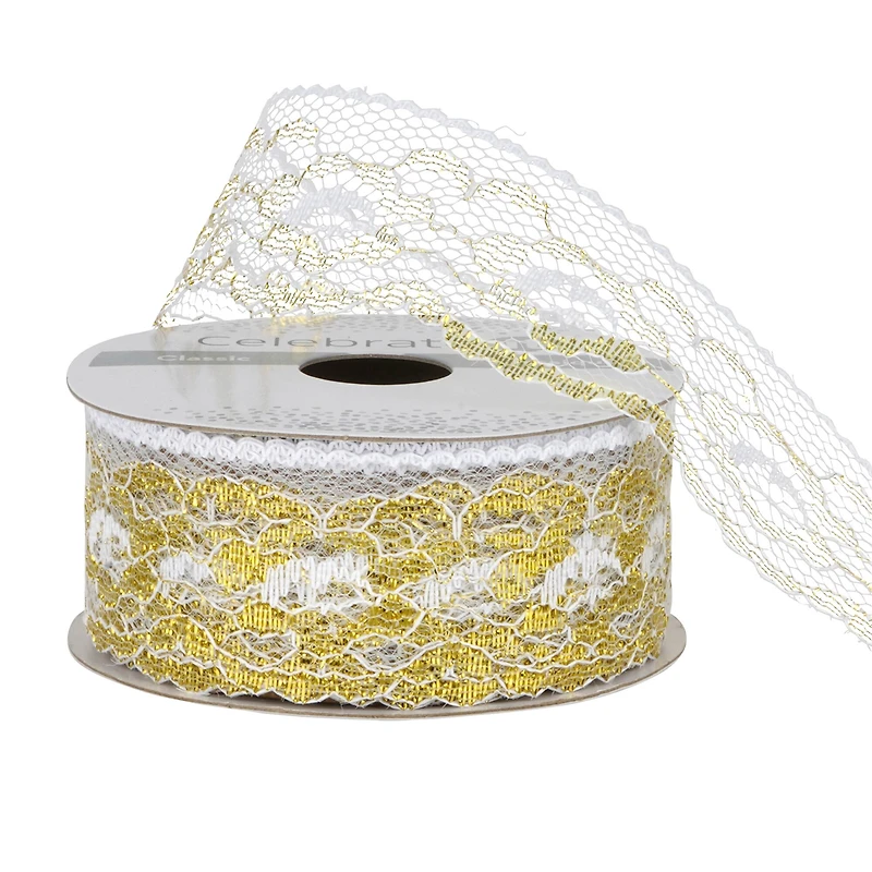 1.25'' x 3 yd. White and Gold Lace Trim Ribbon by Celebrate It®