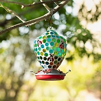 Glitzhome® 8.25" Blue & Green Dots & Ladybugs Glass Hanging Bird Feeder