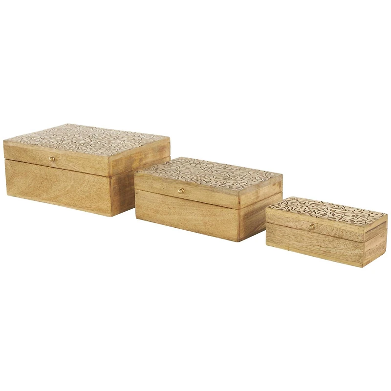 Brown Mango Wood Scroll Handmade Storage Box with Vine Carvings & Gold Accents, 3ct.