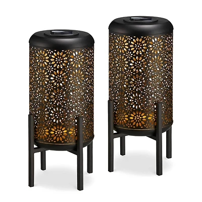 Glitzhome® 14.25" Black Metal Cutout Flower Pattern Solar Powered LED Outdoor Lanterns, 2ct.