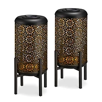 Glitzhome® 14.25" Black Metal Cutout Flower Pattern Solar Powered LED Outdoor Lanterns, 2ct.