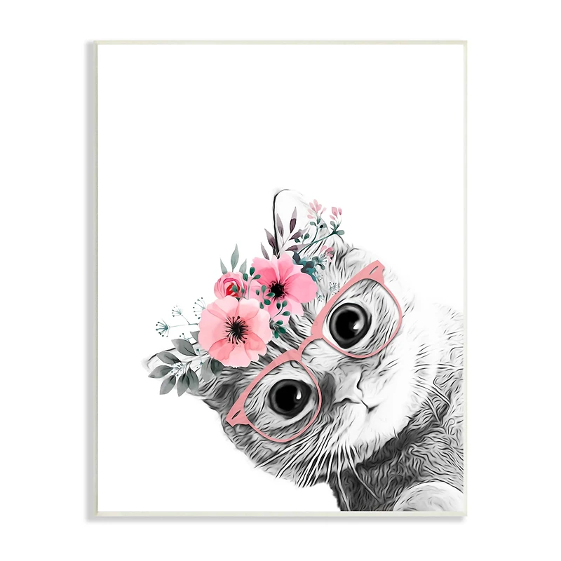 Stupell Industries Pink Flower Crown Cat with Glasses Wall Plaque Art