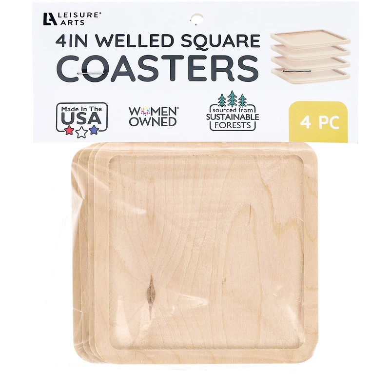 Leisure Arts® 4" Square Welled Wood Coaster Set