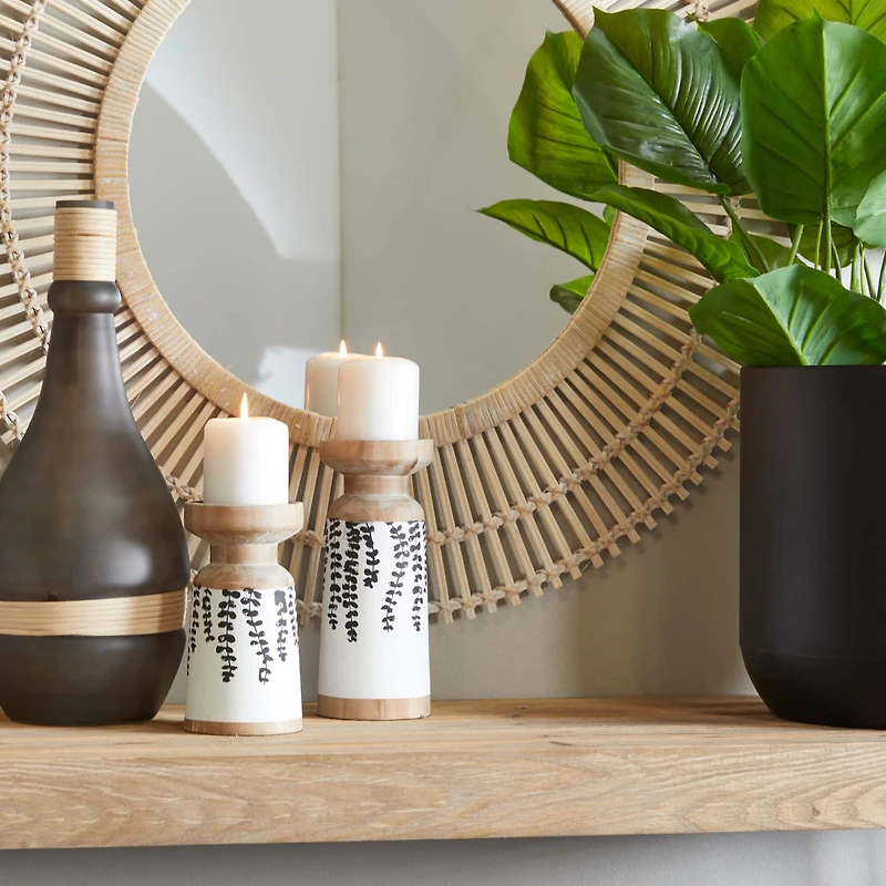 Brown Wood Drooping Vine Pillar Leaf Candle Holder Set