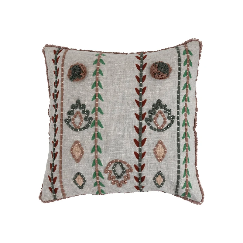 Embroidered Cotton Pillow with Chambray Back and Fringe