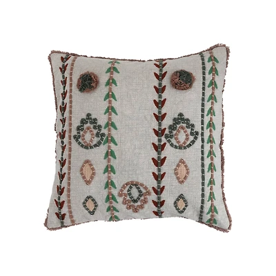 Embroidered Cotton Pillow with Chambray Back and Fringe