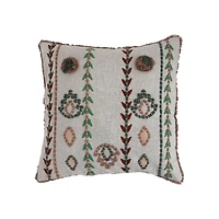 Embroidered Cotton Pillow with Chambray Back and Fringe