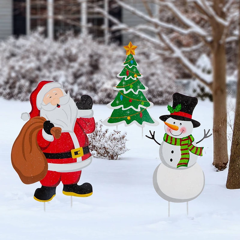 Glitzhome® 2ft. Metal Santa, Snowman & Tree Yard Stake Set