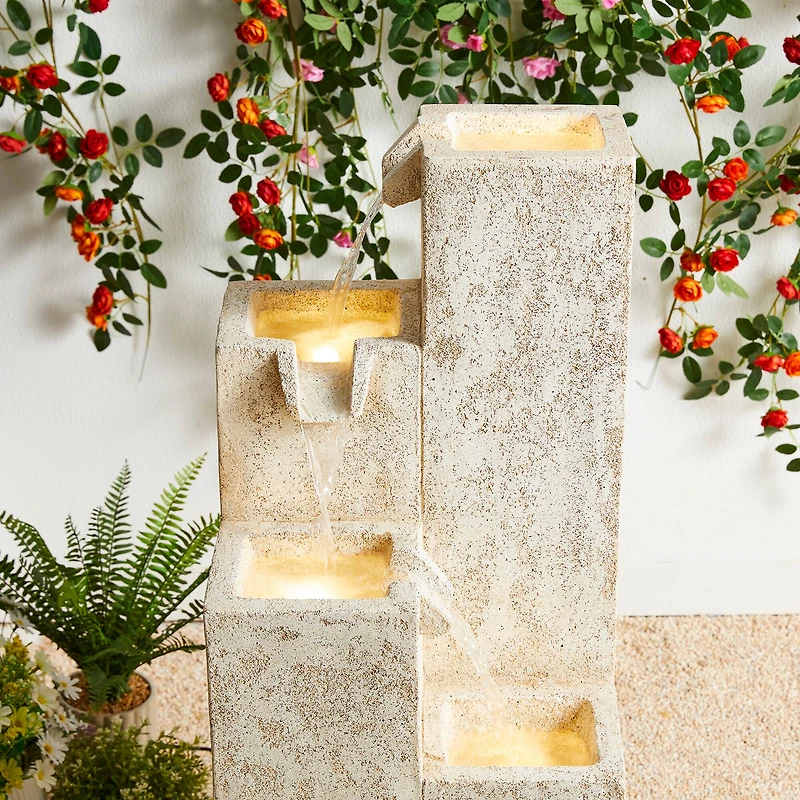 Glitzhome® 34" 4-Tier Faux Terrazzo Geometric Square Column Outdoor Fountain with LED Light