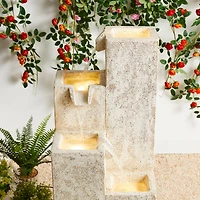 Glitzhome® 34" 4-Tier Faux Terrazzo Geometric Square Column Outdoor Fountain with LED Light