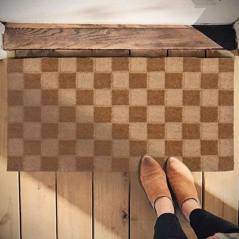 Hello Honey® Natural Checkerboard Print Engraved Coir Doormat