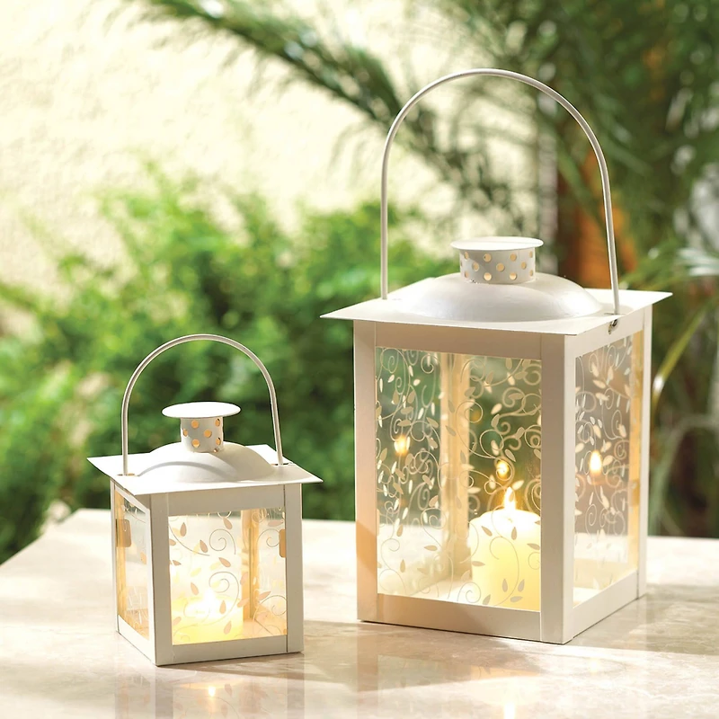 8" Large White Square Candle Lantern with Leaves