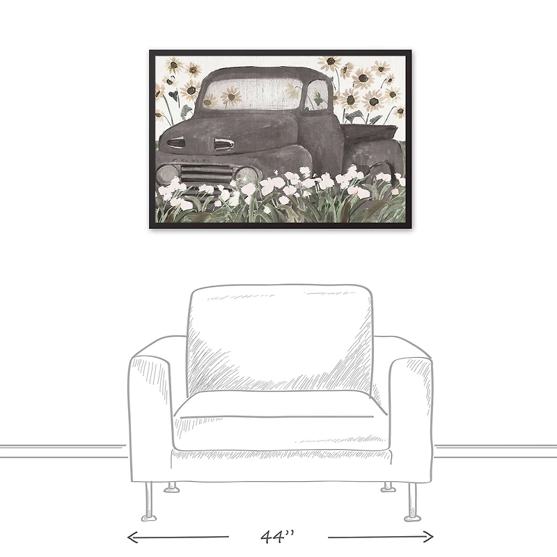 Truck & Sunflowers Black Framed Canvas Wall Art