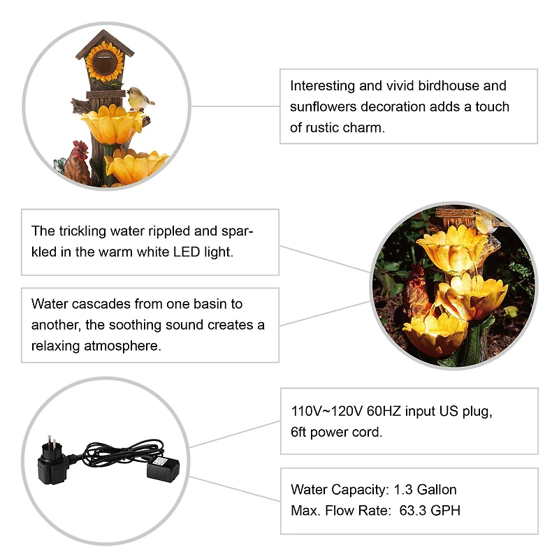 Glitzhome® 28.5" Farmhouse Sunflowers & Birdhouse Outdoor Fountain