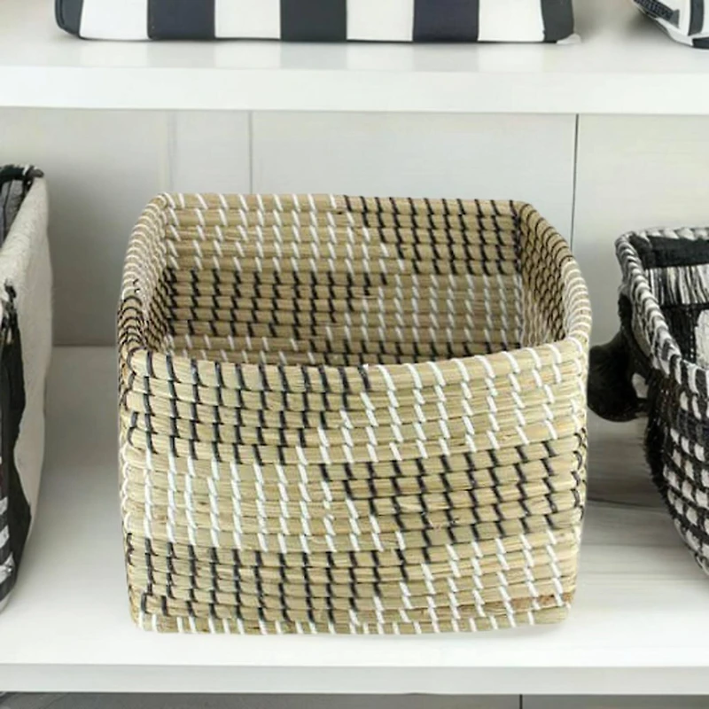 12.25" Square Woven Seagrass Basket with Black & White Accents