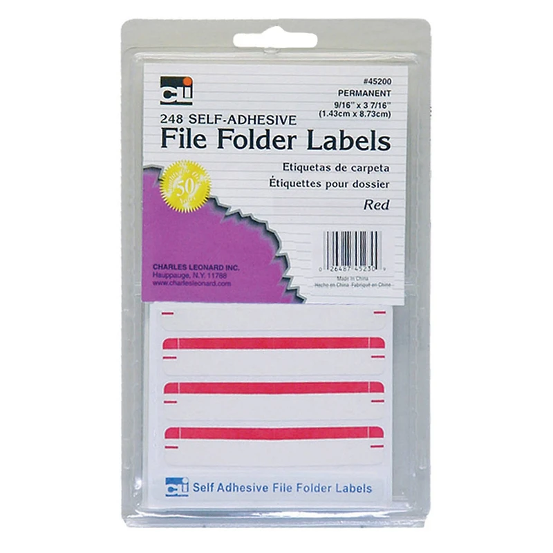 Charles Leonard Red File Folder Labels, 12 Packs of 248