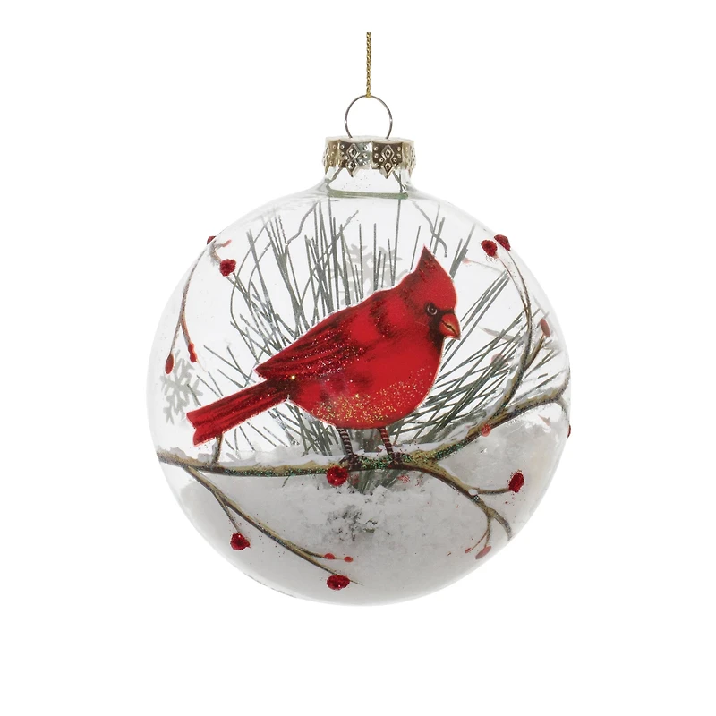 Glittered Glass Cardinal Ornament with Snow & Pine Filler Set