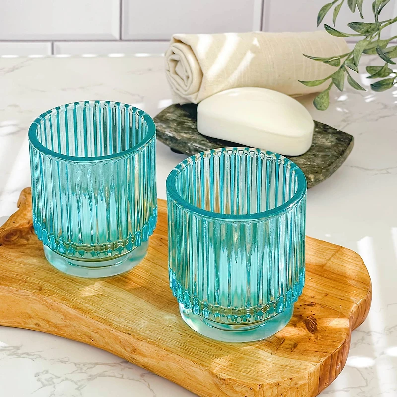 Kate Aspen® Ribbed Blue Glass Votive Candle Holder Set