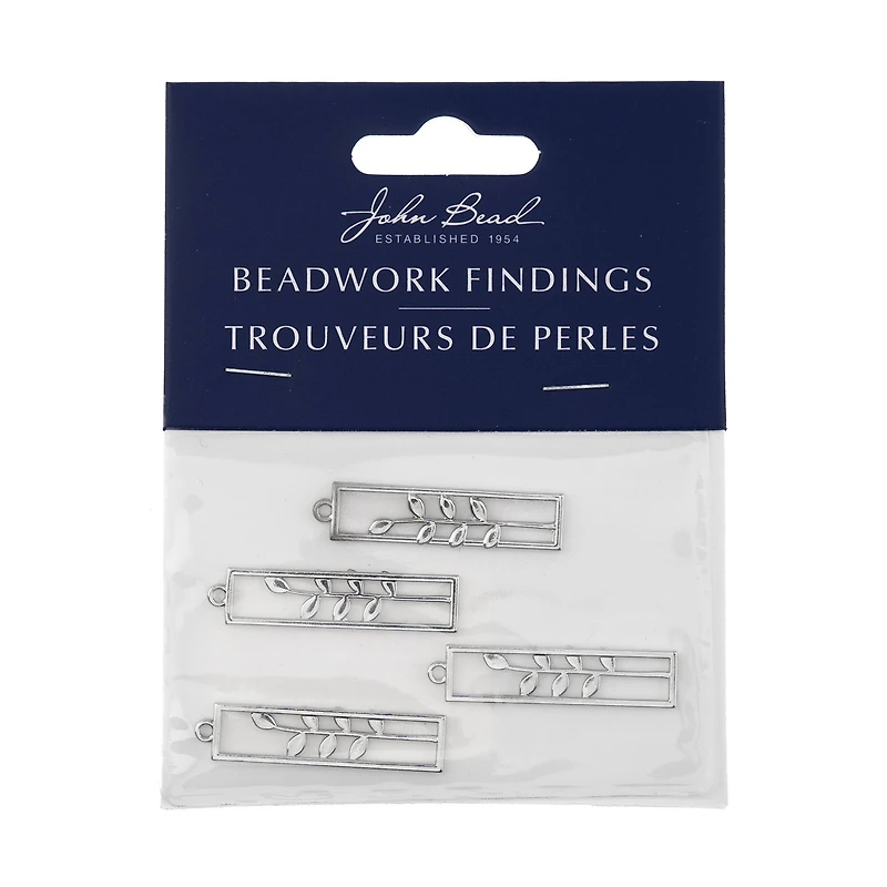 John Bead Silver Rectangle with Leaves Pendants, 4ct.