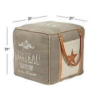 Gray Fabric and Leather Rustic Pouf, 17" x 21" x 21"