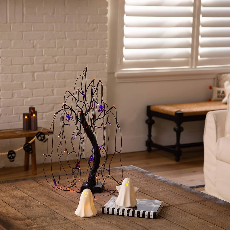 2ft. Pre-Lit Halloween Artificial Black Spooky Spider Willow Tree with 60 Orange & Purple LED Lights