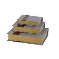 Gray Linen Faux Book Box with Faux Leather Detailing Set