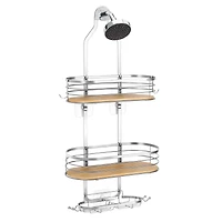 NEX™ Silver Stainless Steel & Bamboo Hanging Caddy Shower Organizer with Hooks