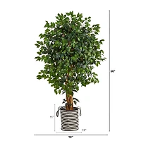 5.5ft. Palace Ficus Artificial Tree in Handmade Black and White Natural Jute and Cotton Planter
