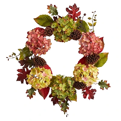 25" Hydrangea & Pinecones Fall Artificial Wreath