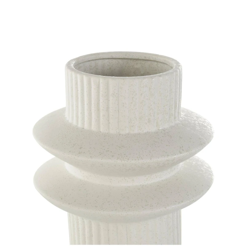 White Ceramic Abstract Ribbed Vase with Speckled Texturing